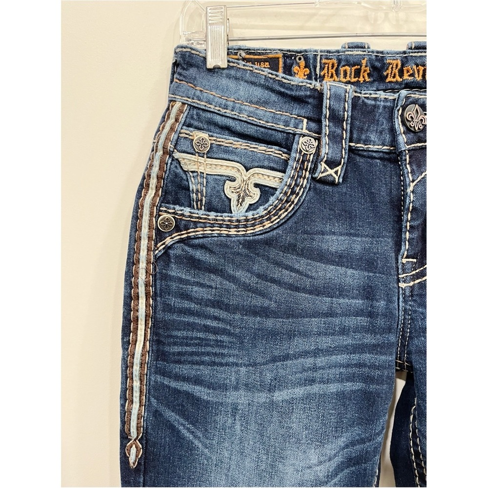 Rock Revival Delicioso Boot Cut Jeans 27x30 Fleur De Lis Embroider Stretch Denim - Picture 8 of 15